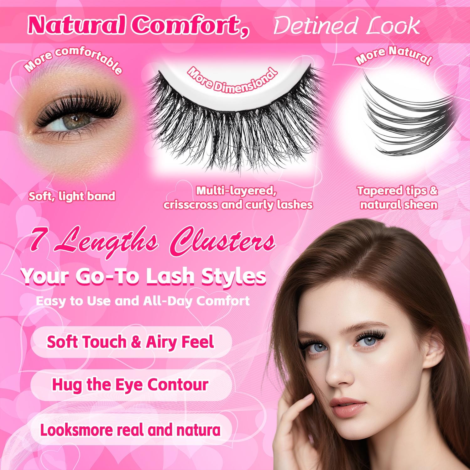 DIY Lash Clusters, DIY False Eyelashes, Waterproof Long-Lasting Fluffy and Weightless, Eyelash Extensions with Ultra-Thin Band Bond & Seal & Remover, Makeup Beginner Friendly, Self Grafting Curling Fake Eyelashes for Women