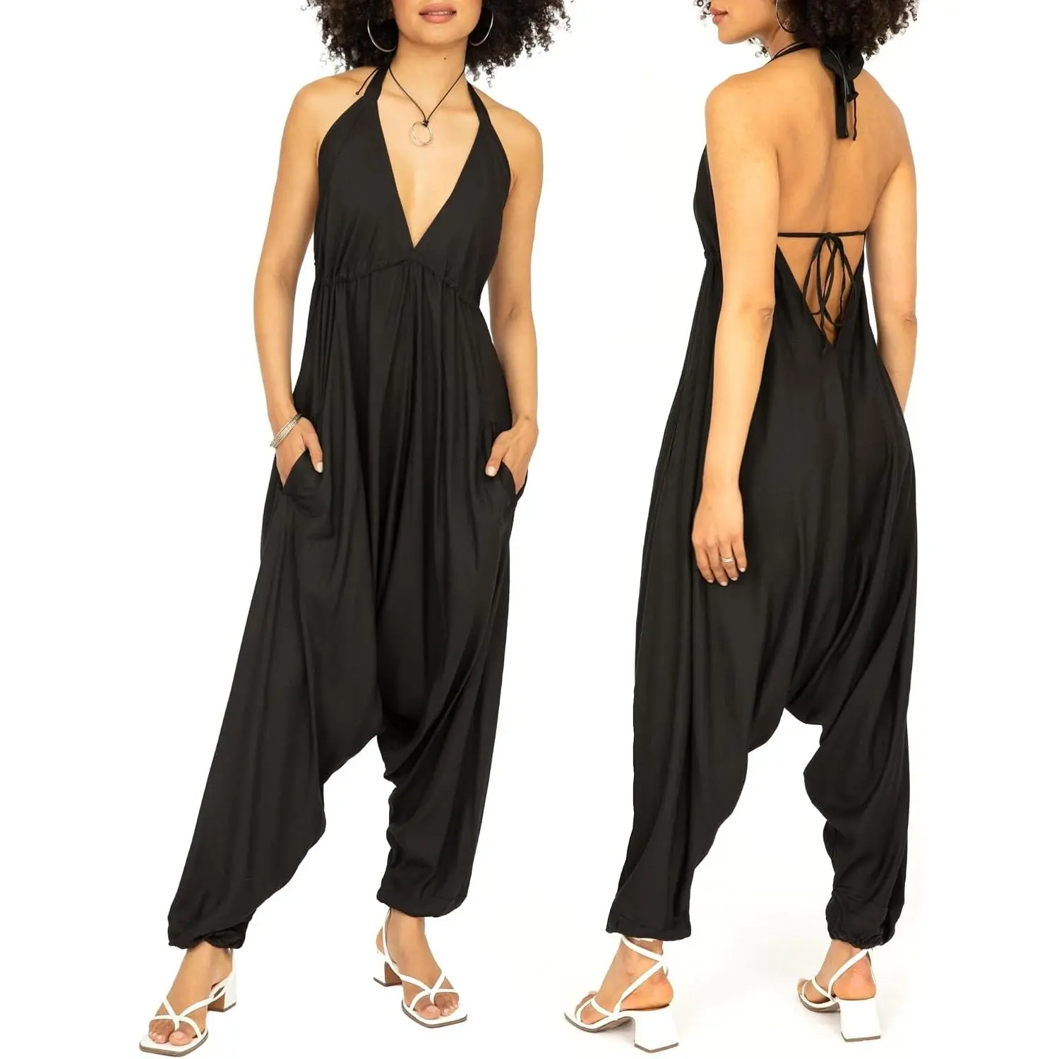 Women's Harem Jumpsuit with Pockets, Backless Halter Boho Romper(Gift)