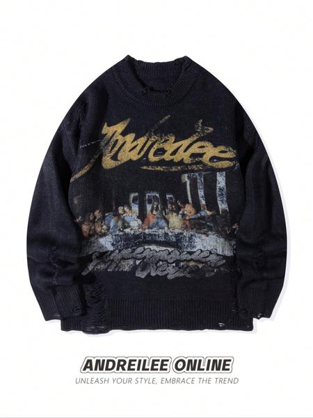 Men's Street Style Long Sleeve Crewneck Sweater, French Oil Painting Print, Raw Hem Design, Casual Loose Fit Knitwear for Spring & Fall