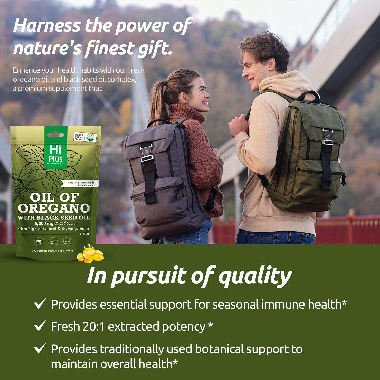 HiPlus Oregano Oil with Black Seed Oil Softgels | Immune Support,Antioxidant Boost | with Black Seed Oil & High Carvacrol | Non-GMO, Plant-Based | 300 Count