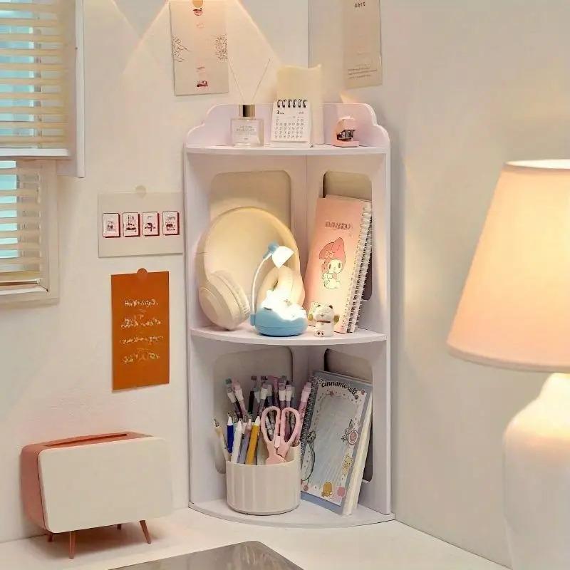 Space-Saving 3-Tier Corner Shelf, Stylish PVC Storage Rack with Round Corners, Ideal for Books, Cosmetics, Office Supplies