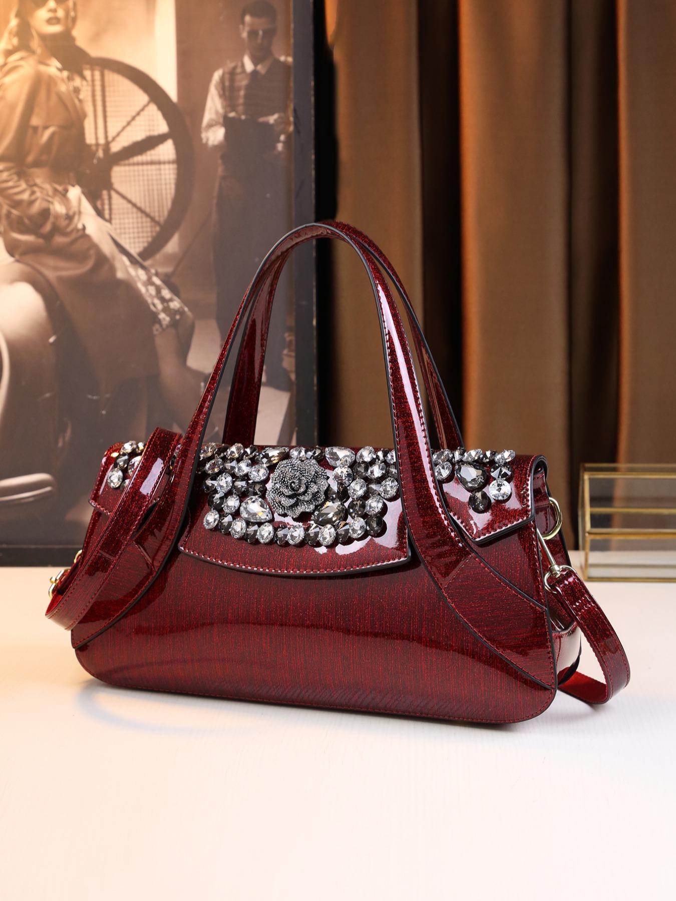 Women's Elegant Rhinestone Decorated Handbag, Fashionable Floral Design Bag for Daily Used, Casual Trendy Versatile High-quality Daily Commuting Bag
