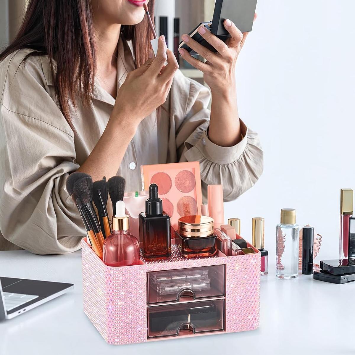 Diamond Embellished Storage Box with Drawer, Multi-Compartment Design, Makeup Brush Organizer, Cosmetic Holder, Bedroom Vanity Tray