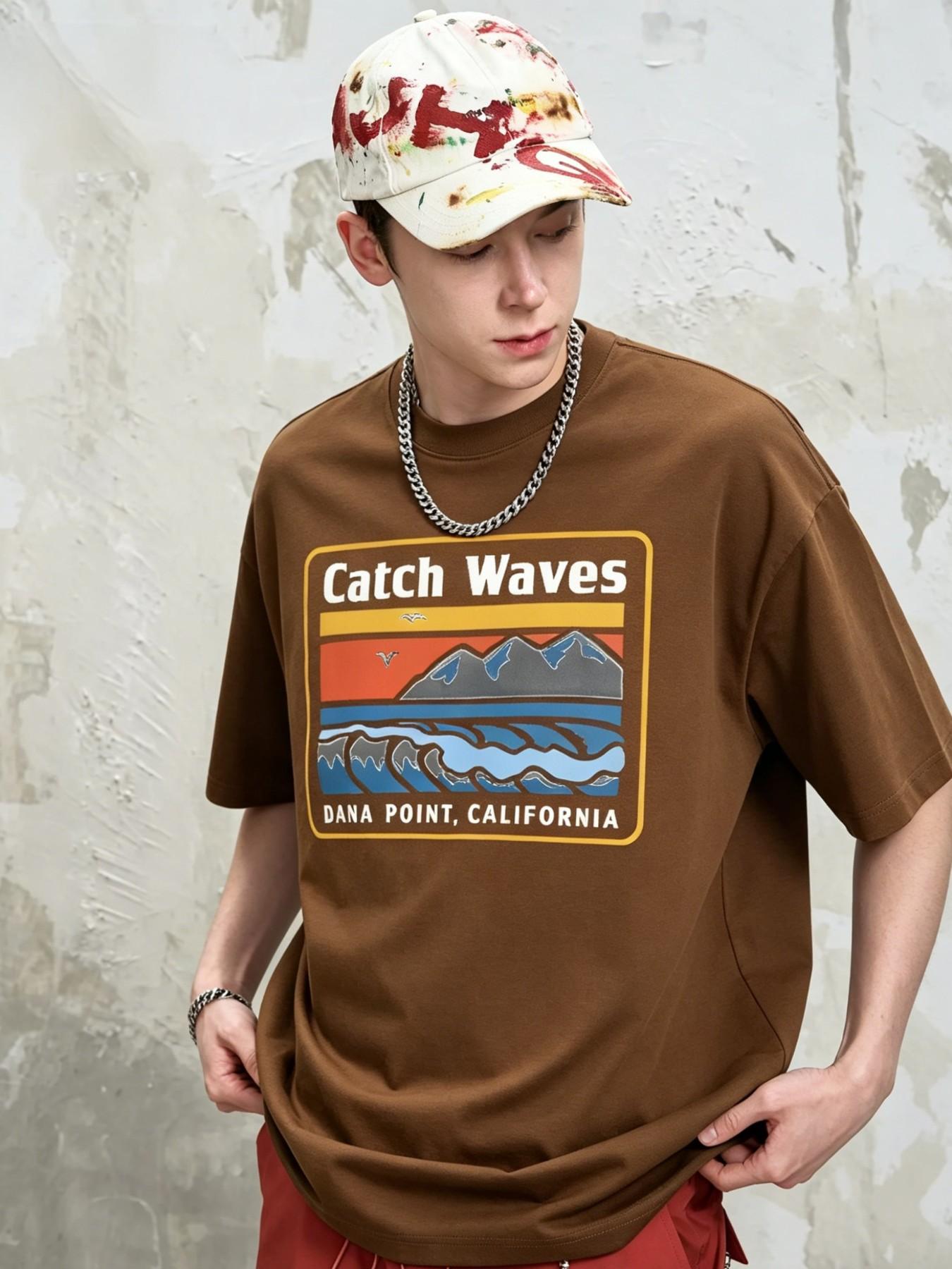 Men's Catch Waves Surfing Style Cotton T-Shirt, Loose Fit Short Sleeve Top, American Vintage Design, Long Clothing Length
