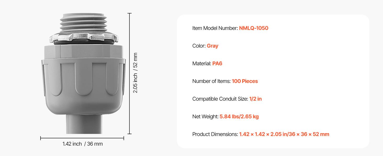 VEVOR 1/2 in 100 pcs Liquid Tight Connector Non-Metallic Conduit Fitting Connector