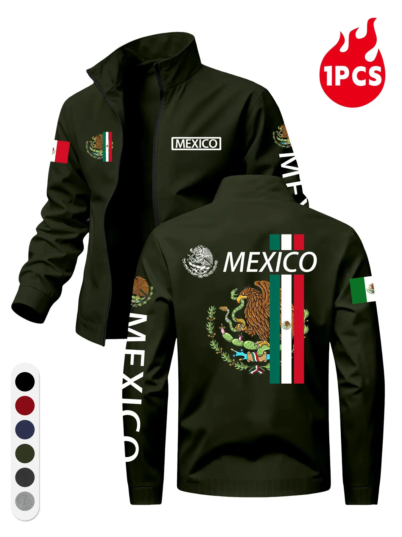 Mexico Flag Badge Print Jacket, Men's Stand Collar Zipper Coat, Street Style Long Sleeve Top, Windproof Neck, Smooth Zipper, Outdoor Commute, Streetwear, Loose Fitting Coat