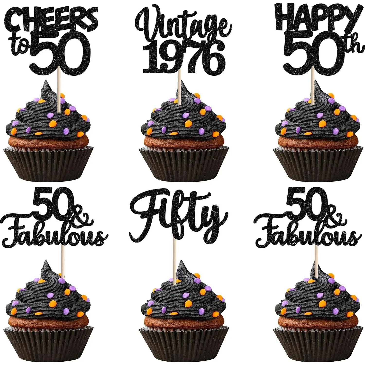 30PCS Happy 50th Birthday Cupcake Toppers Glitter Fifty Vintage 1975 Cupcake Picks Cheers to 50 Fabulous Cake Decorations for 50th Birthday Wedding Anniversary Party Supplies Black