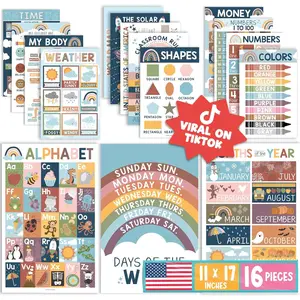 16 Boho Educational Posters for Classroom Decor, Toddler Learning Posters for Toddlers 1-3 and Kids Ages 3-5, Must Haves for Kindergarten & Preschool Classroom
