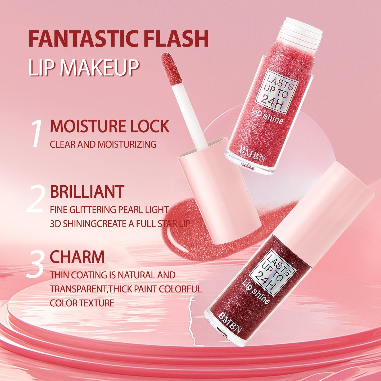 BMBN monochrome shiny lip gloss lipstick - shiny pink gel formula, shiny lip glaze, with glitter powder, instantly create a charming look, lasting shiny, berry color (pink and) - suitable for all beige colors, parties, activities, daily makeup - lip color