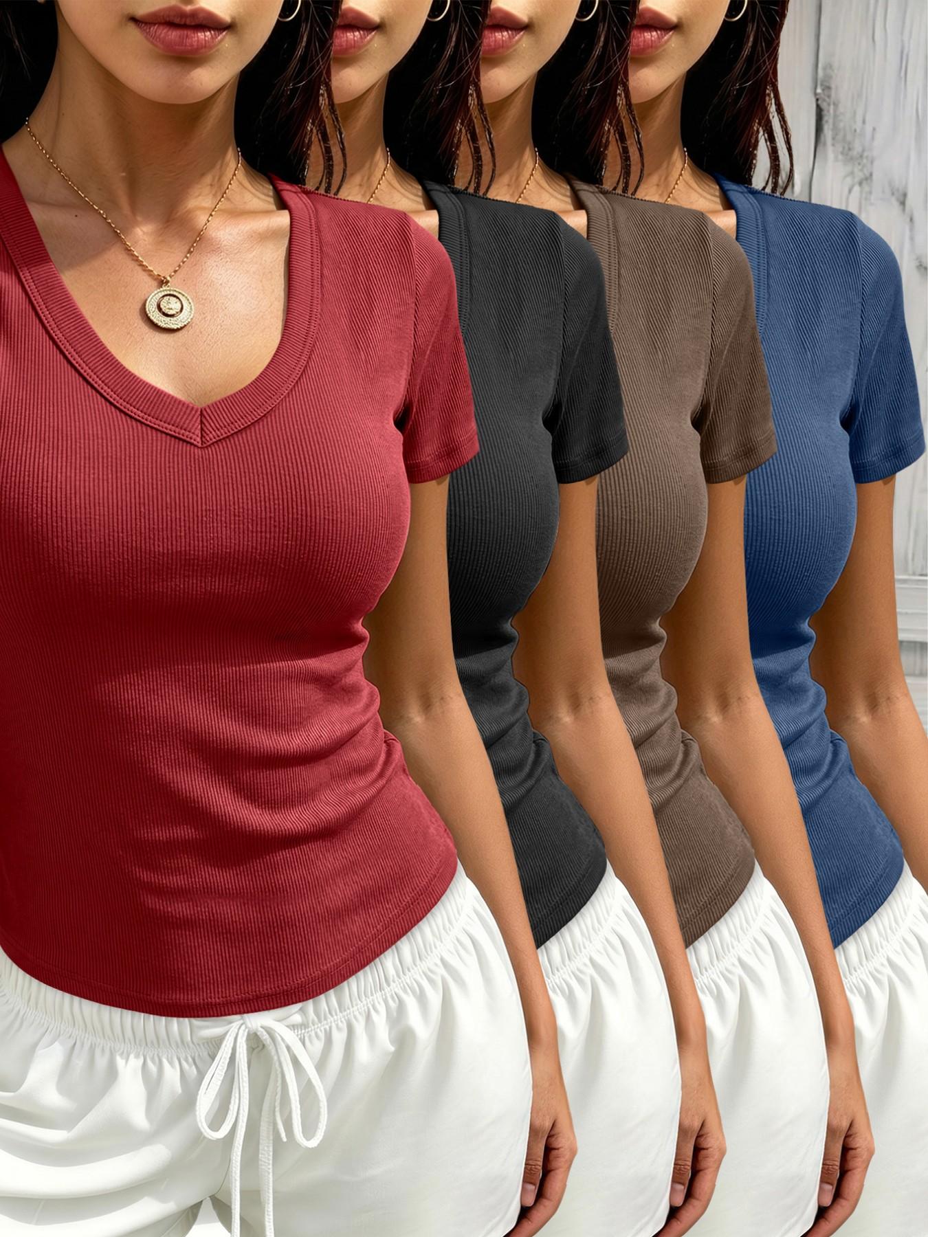 Women's Ribbed V-Neck Short Sleeve Summer T-Shirt 4-Piece Set, Casual Fitted Solid Color, All Seasons Wear, Plain Surface Unlined Design