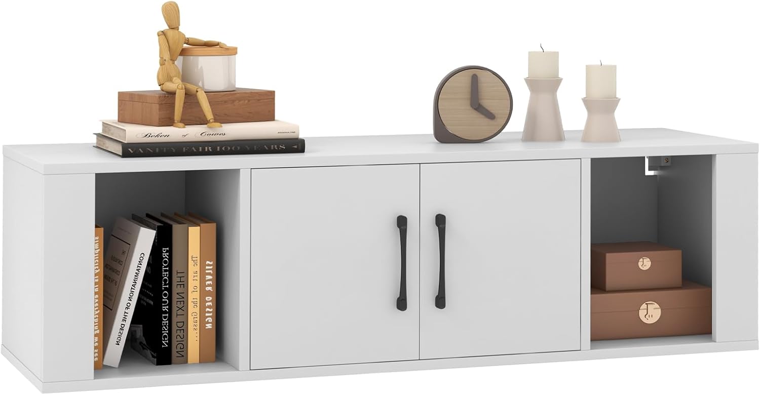 Wall Mounted Storage Cabinet 2 Cube Floating Media Hanging Desk W/2 Doors and 2 Open Shelves, Home Office Furniture for Kitchen, Bathroom, Living Room Floating Console Hutch (White)