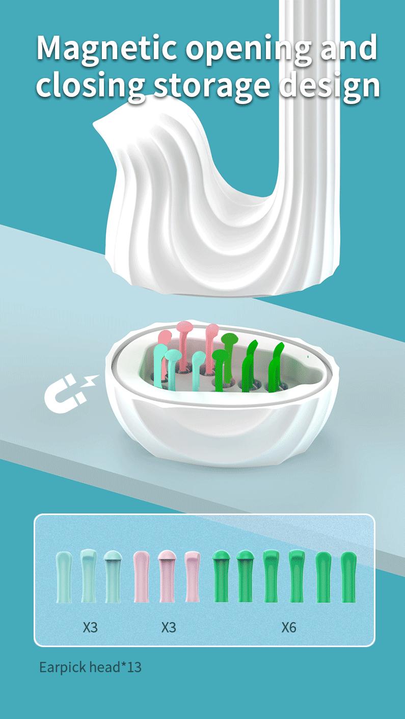 JPHYLL Wireless Visual Earpick with 6 LED Camera 1080P HD Resolution Type-C Charging 8 Accessories for iPhone & Android Ear Cleaning Tool - Green-Bird