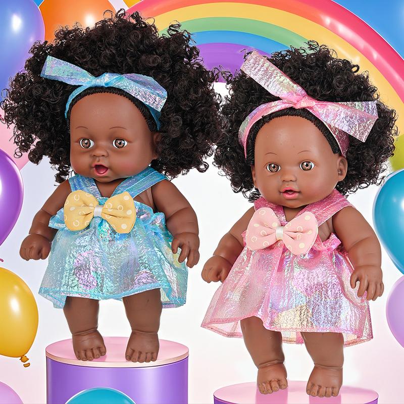 Ecore Fun 2 Pcs 8 Inch Black Baby Doll African Washable Realistic Silicone Baby Dolls with Clothes and Hairband…