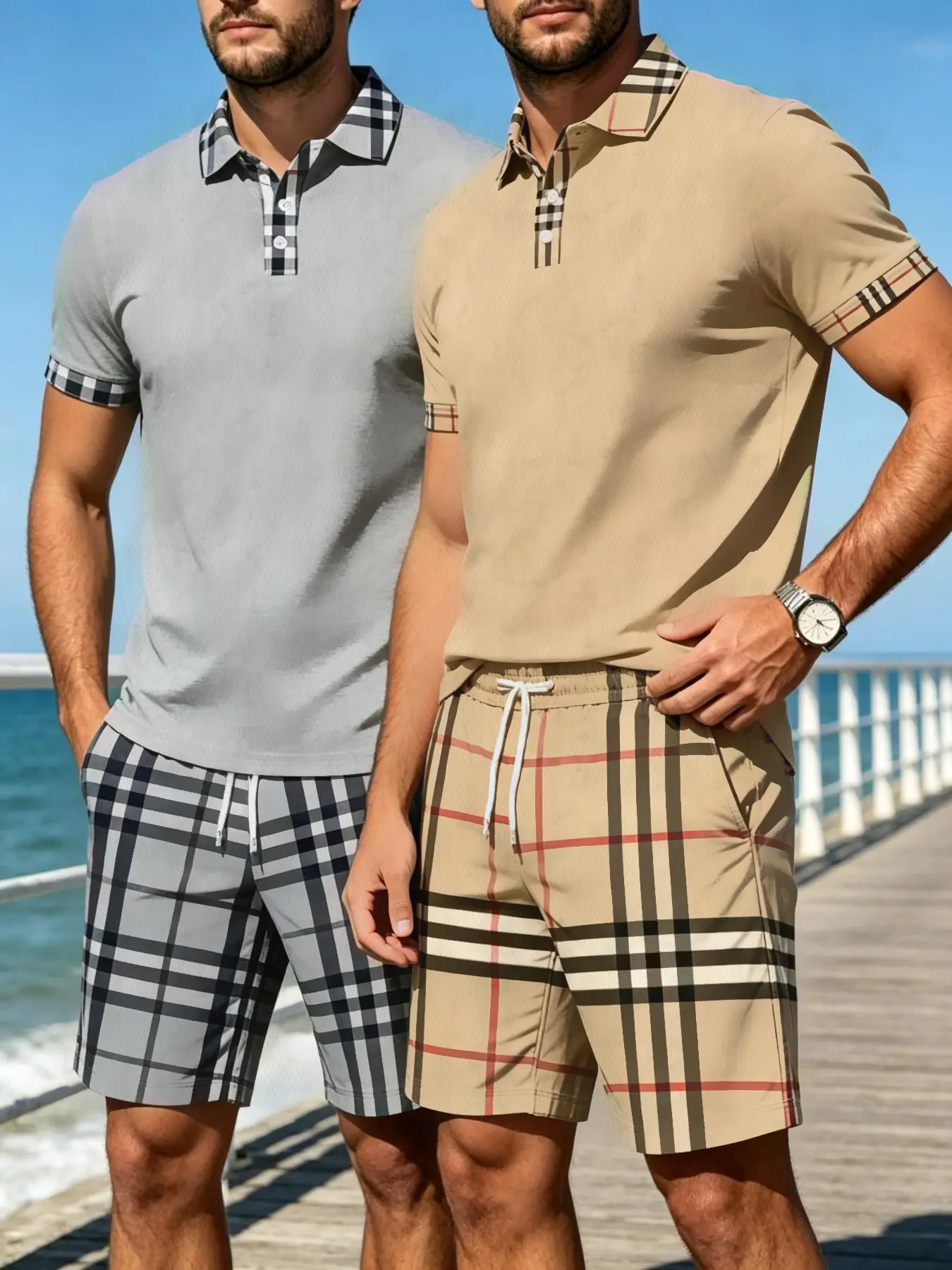 Summer Men's Classic Plaid Collar Polo Short Sleeve Set, Vintage Check Drawstring Shorts, Beach Casual 4-Piece, Loose-Fitting