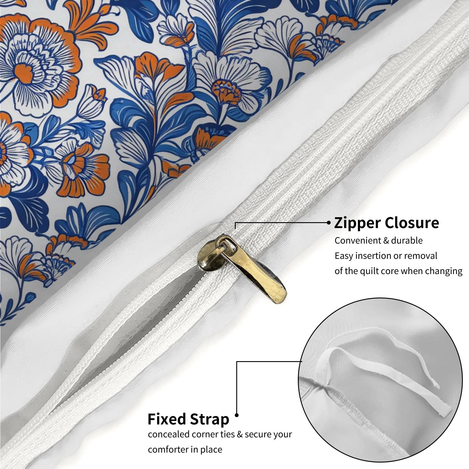 2/3 Piece Bohemian Blue Orange Floral Duvet Cover Set, HD Digital Printed Comforter Cover, Soft Breathable Bedding Set with Zipper & Corner Ties, No Inserts for Bedroom Decor