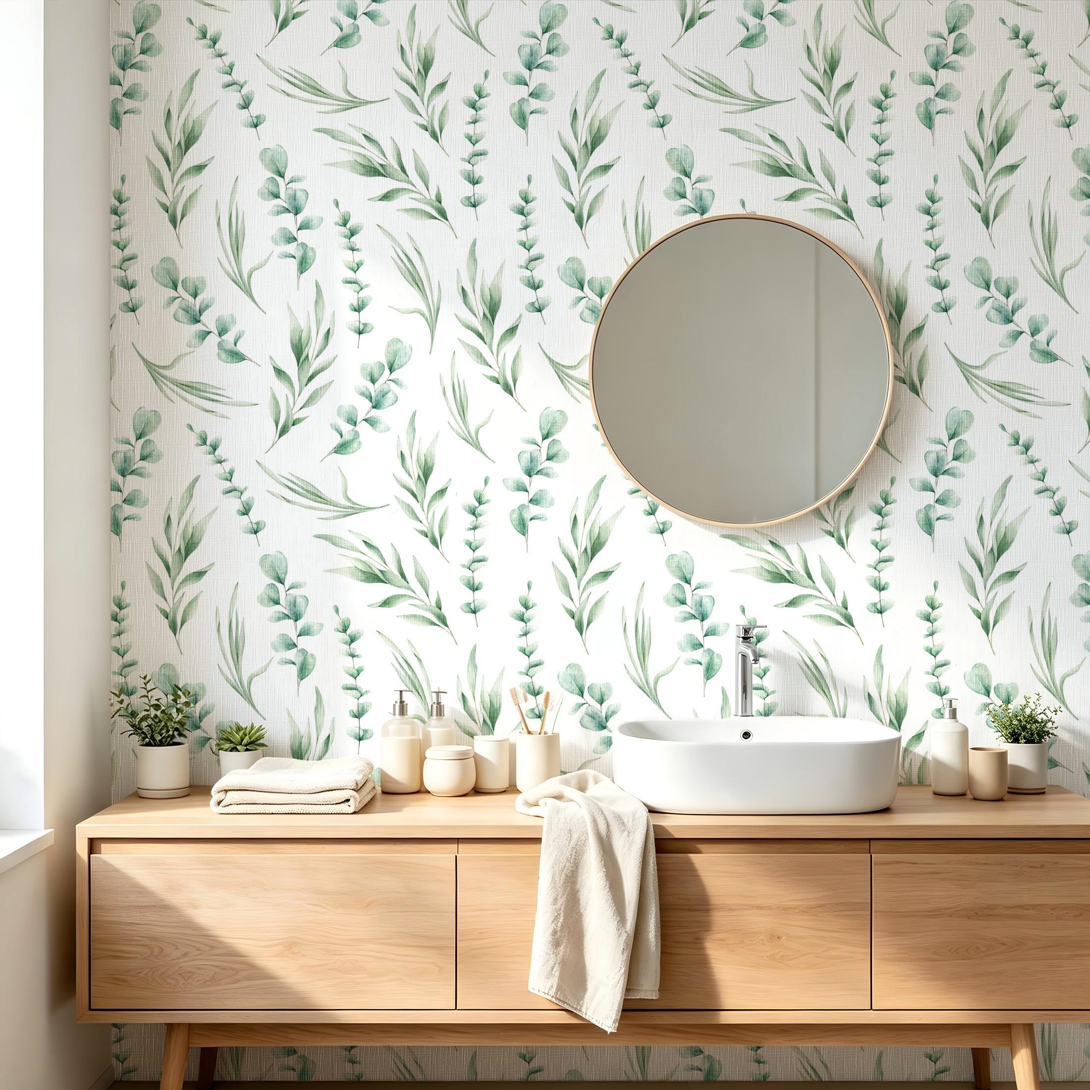 1 Roll Eucalyptus Green Leaves Peel and Stick Wallpaper 44.5cm/17.5in Wide, Waterproof Removable Color Fadeless Vinyl for Bathroom Living Room Decor, Length Options: 1m/2m/3m/5m/10m