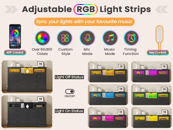 Hasuit | 47.2 Inch 6 Drawer Dresser with LED Lights and Charging Station Farmhouse Chest of Drawers Closet Organizer, Clothes Storage Cabinet