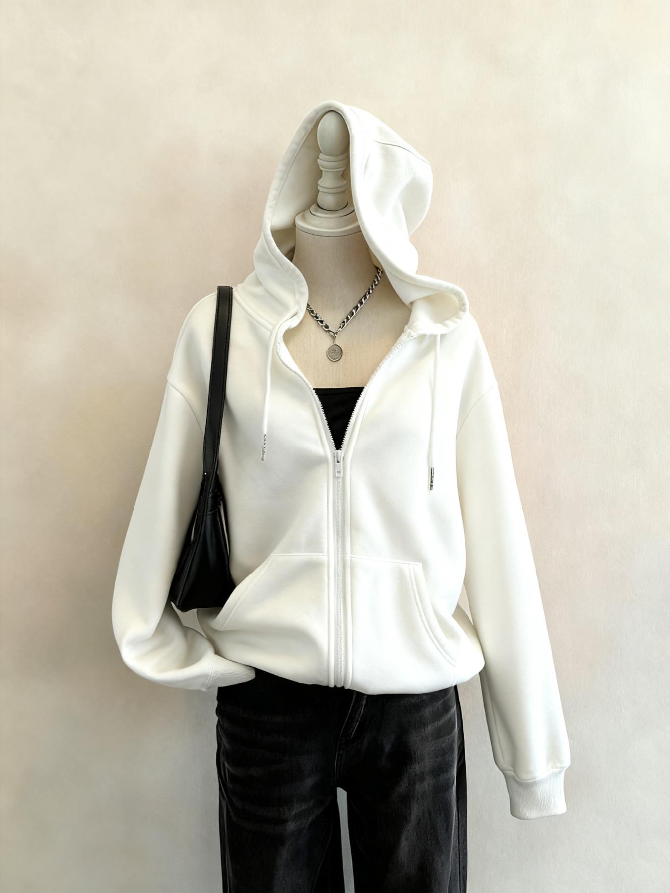 Women's Casual Loose Fit Long Sleeve Hoodie, Lady Vintage Style Zipper Design, Warm Pocketed Sweatshirt for Fall & Winter, Comfortable Daily Wear, Womenswear