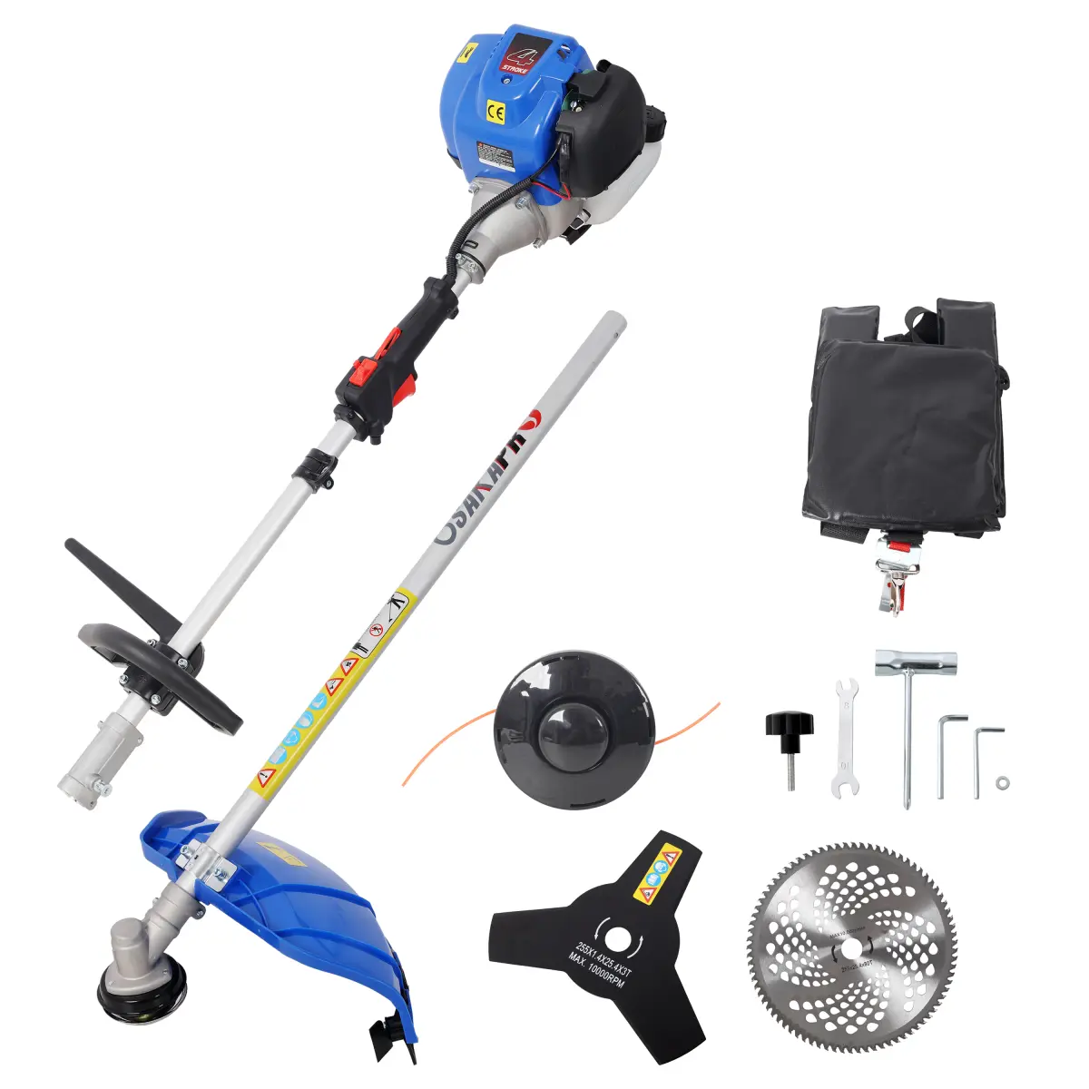 3-in-1 Multi-Functional Gas Trimming Tool – 38CC 4-Cycle String Trimmer with 10" Metal 3T/80T Blade, Spool, Shoulder Strap, EPA Compliant, Blue