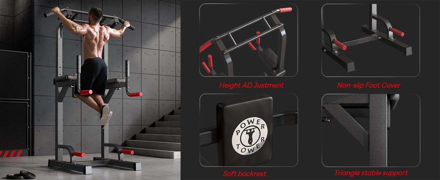 500LB Beast Mode 10-Level Adjustable Power Tower  Pull Up Bar + Dip Stand + 5-in-1 Strength Training  All-Level Home Gym (Beginner ,Friendly),Adjustable Heavy Duty Power Tower,pullup, machine，home gym equipment Whole Body Workout