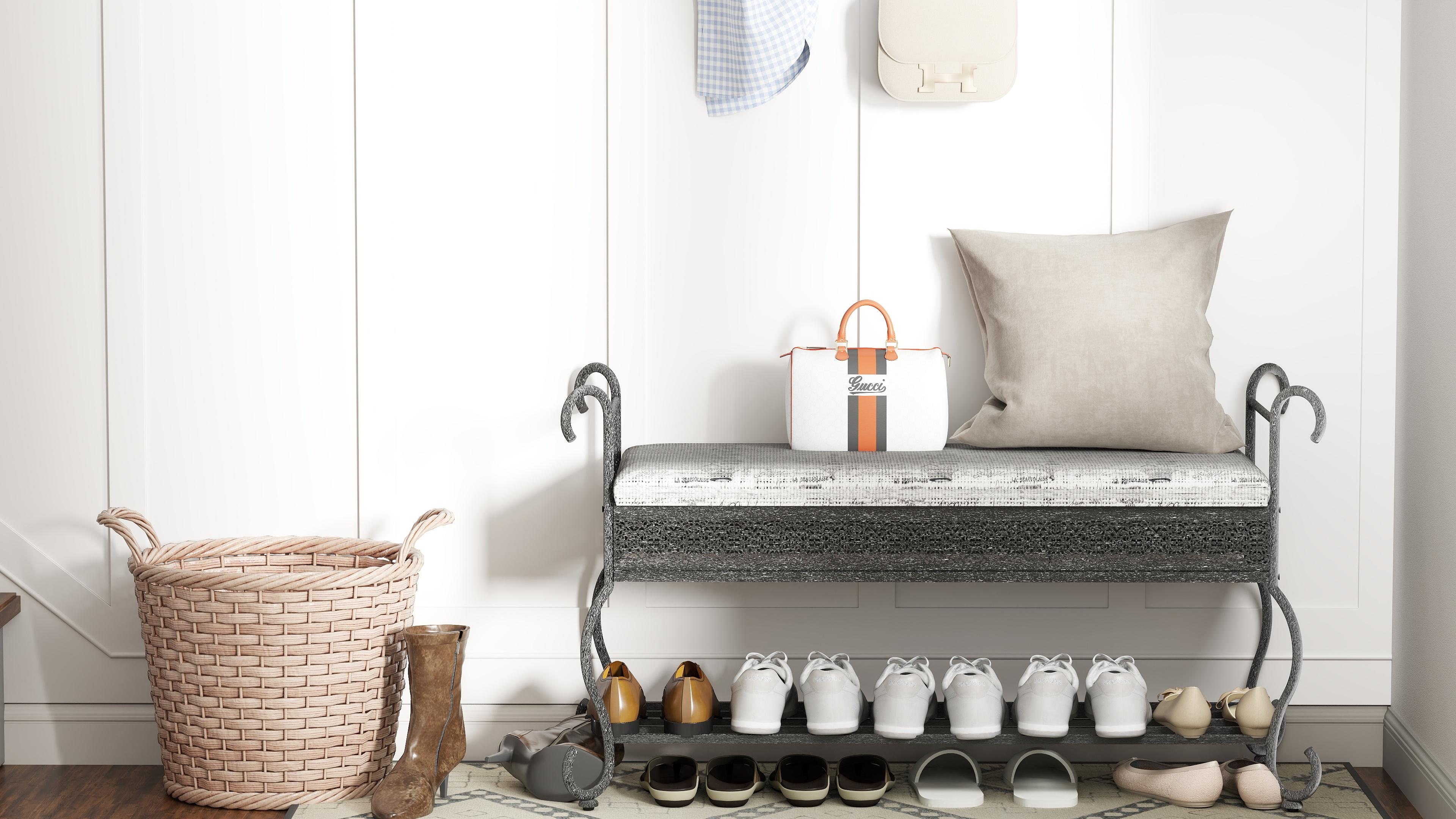 Industrial Shoe Rack Bench with Cushioned Seat, Rustic Metal Entryway Bench with Storage Shelf for Small Spaces