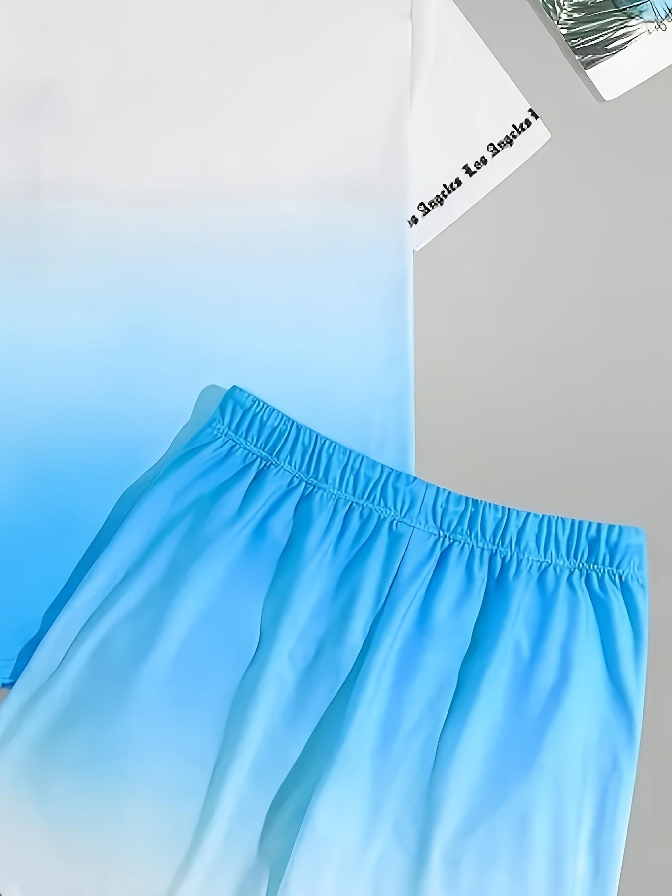 Men's Summer Set, Round Neck Short Sleeve T-Shirt + Elastic Waist Shorts, Los Angeles Print Gradient, Breathable Fabric, Outdoor & Party Wear