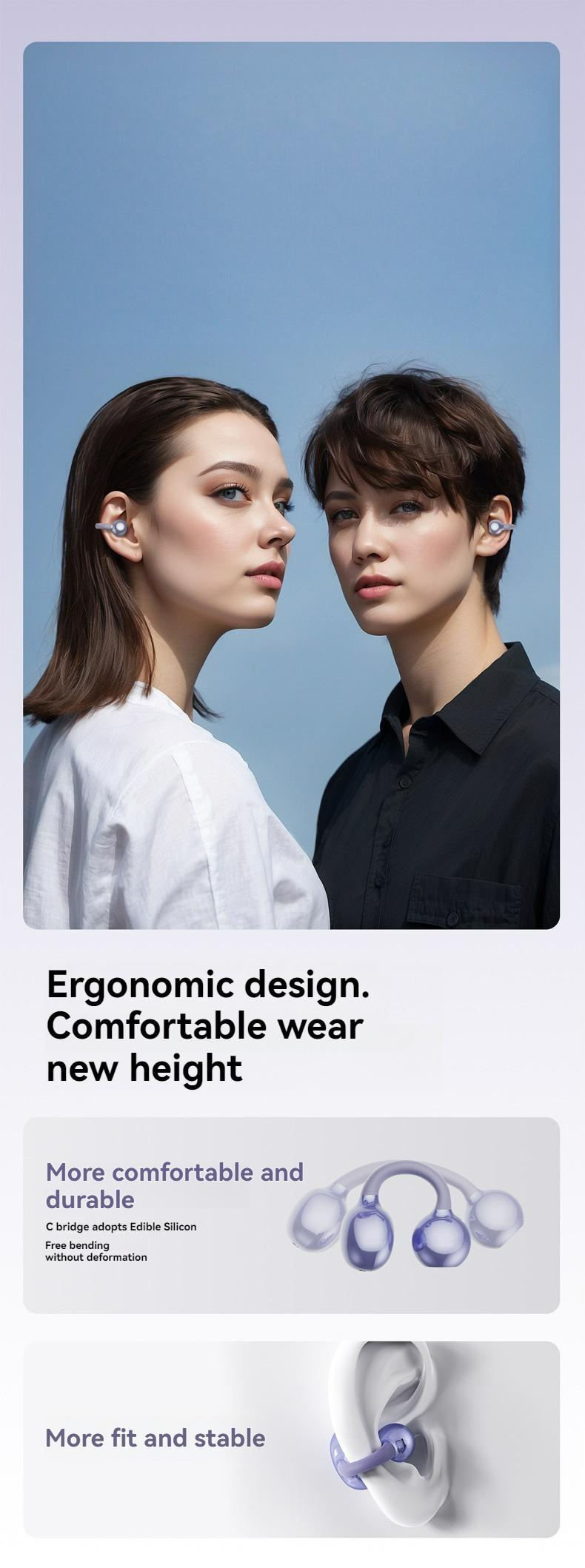 Clip-On Sports Earphones, Wireless TWS Headphones Sports Wireless Earbuds with Deep Bass HiFi Stereo and Rechargeable Battery, Compatible with Android and iPhone