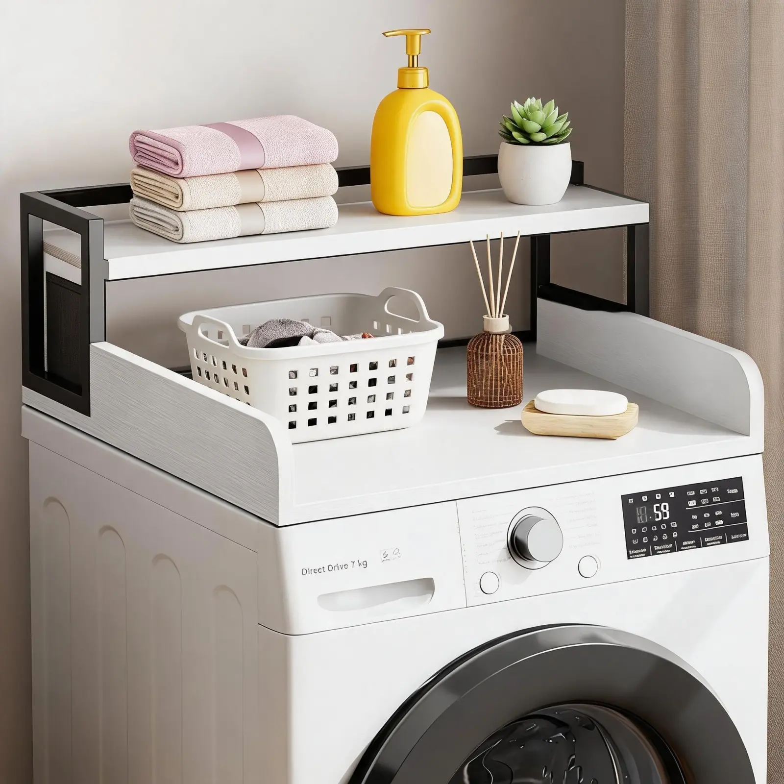 54-Inch Washer Dryer Countertop with 2-Tier Shelf, Wooden Laundry Room Countertop with Non-Slip Pad & Guard Rails, Space-Saving Washer and Dryer Topper & Laundry Room Organizer for Laundry Room, Bathroom, Utility Room & Apartment