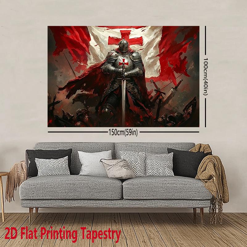 A 2D printed tapestry that is perfect for holiday party decoration. This polyester background fabric showcases medieval knight designs and Crusader patterns, suitable for hanging in various spaces such as homes.
