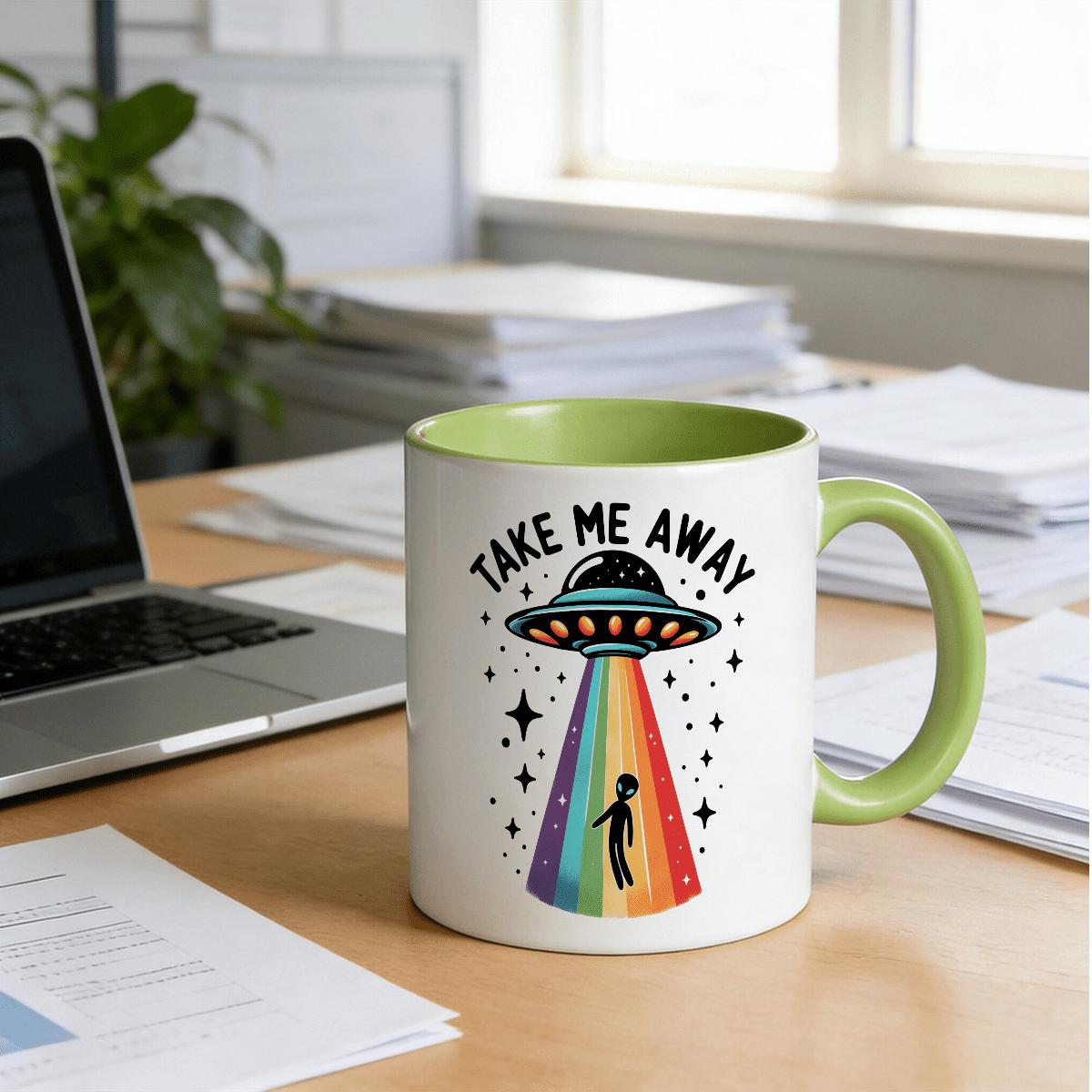 11oz Ceramic Alien Theme Single Mug - Modern Take Me Away Spaceship Design, Rainbow Accent, Smooth Finish Kitchenware Drinkware, Unisex Birthday Gift Drink