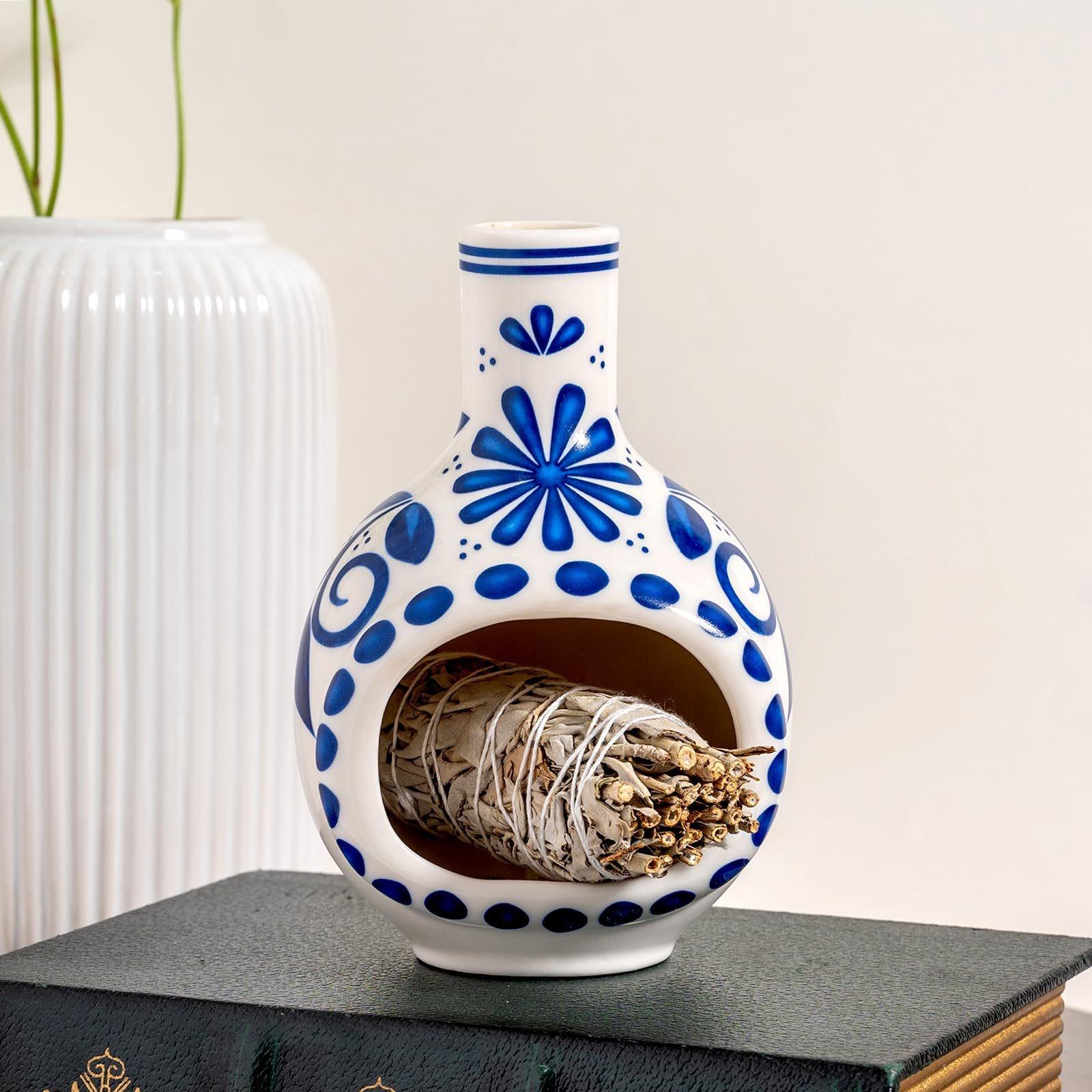 2-Piece set Mini Chimney Incense Burner Set with Round White Ceramic Tray, Handmade Ceramic Palo Santo Sage Holder, Heat-Resistant Decorative Censer for Stick Incense and Smudge, Meditation Yoga Home Decor Spiritual Gift for Relaxation Ritual