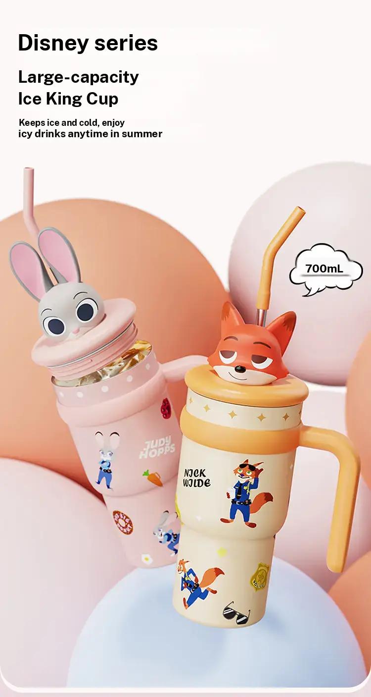 Disney Series Large Capacity lce King Cup Zootopia Strawberry Bear Stitch Design Insulated Tumbler Straw Cup Bottle with Handle Portable Holiday Halloween Christmas Ideal Gift for Kids Students Office Coffee Drinks Storage Valentine Gift for Girlfriends