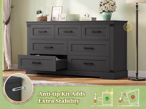 Hasuit Black Dresser for Bedroom, Wooden 55.1" Long Dressers Chest of Drawer, Farmhouse 7 Drawer Dresser with Thick Styling, Large Capacity Storage Cabinet Organizer, Wide Dressers for Bedroom Hallway