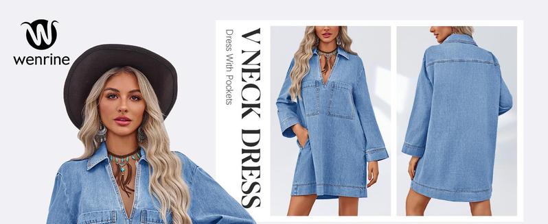 FMEYOA Womens Denim Shirt Dress Long Sleeve V Neck Loose Casual Jean Mini Dress with Pockets-B
