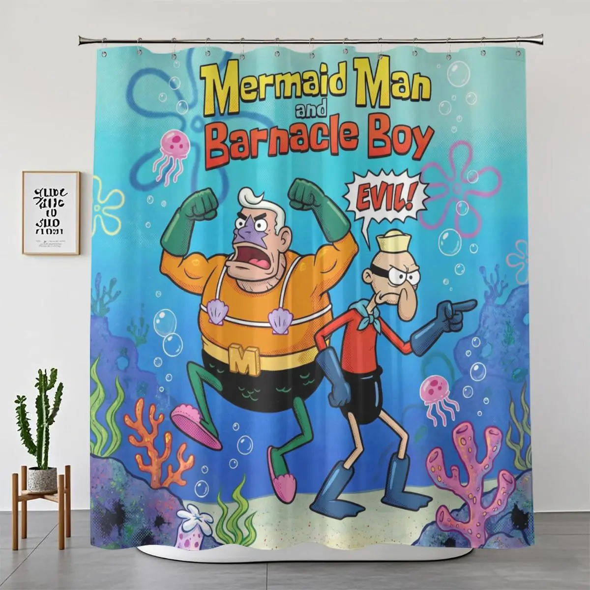 1/4-Piece Cartoonish Mermaid Man & Barnacle Boy Shower Curtain Set for Kids - Humorous Touch Under-The-Sea Print, Waterproof Fabric, Non-Slip Rug, Toilet Cover, Splash Protection, Bathroom Decor