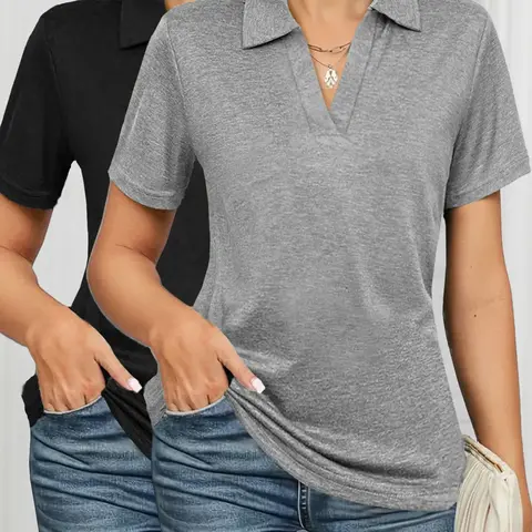 Women's Solid Color Basic Polo Shirt, Casual Short Sleeve Collared Top for Daily Wear, Ladies Clothes for All Seasons, Cute Breathable Summer Tops, Womenswear, Shirts Women, Lightweight Polo Shirt