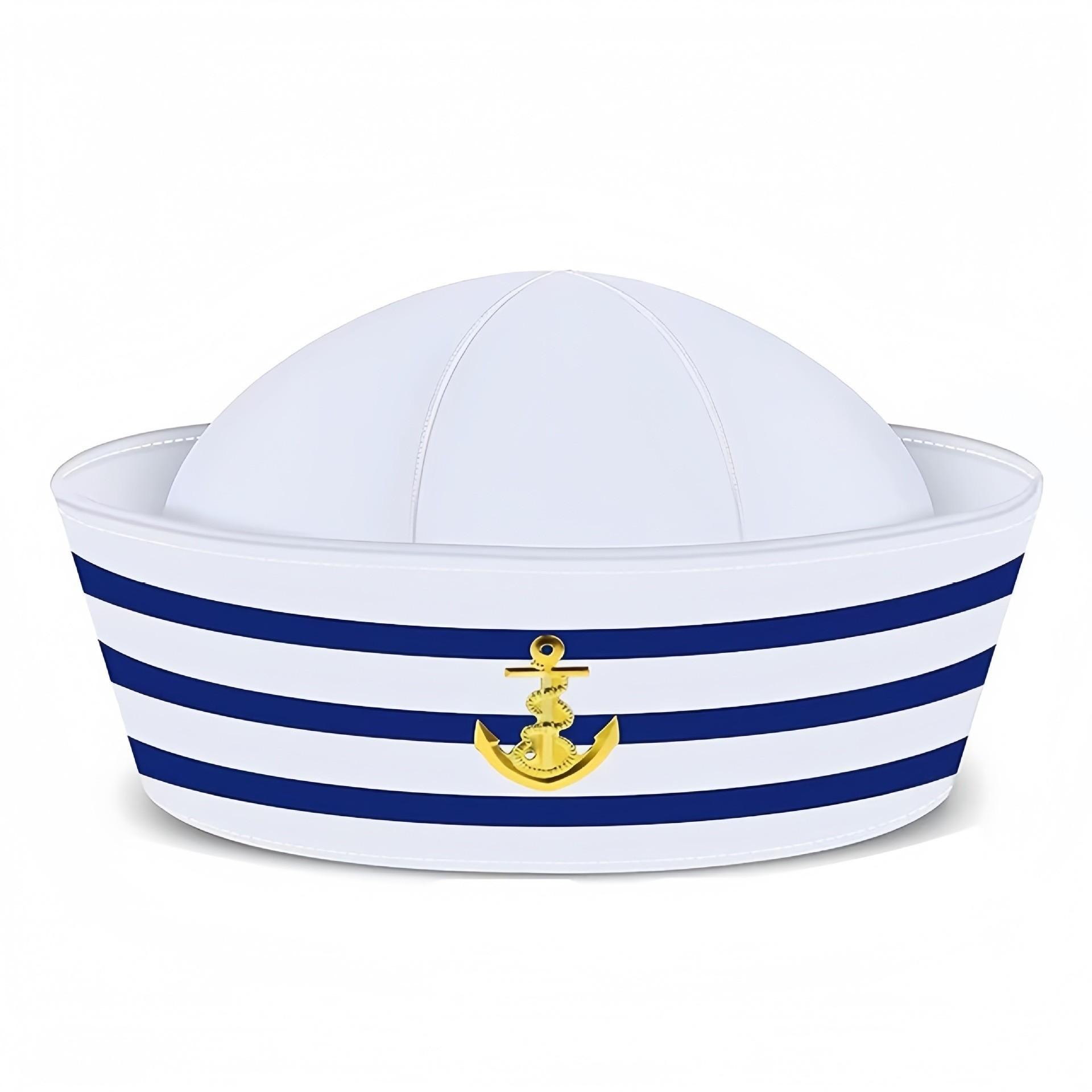 Blue Striped Sailor Hat with Gold Anchor, Nautical Theme Headwear, Adjustable Ocean Hat for Parties and Role Play, Classic Navy Style
