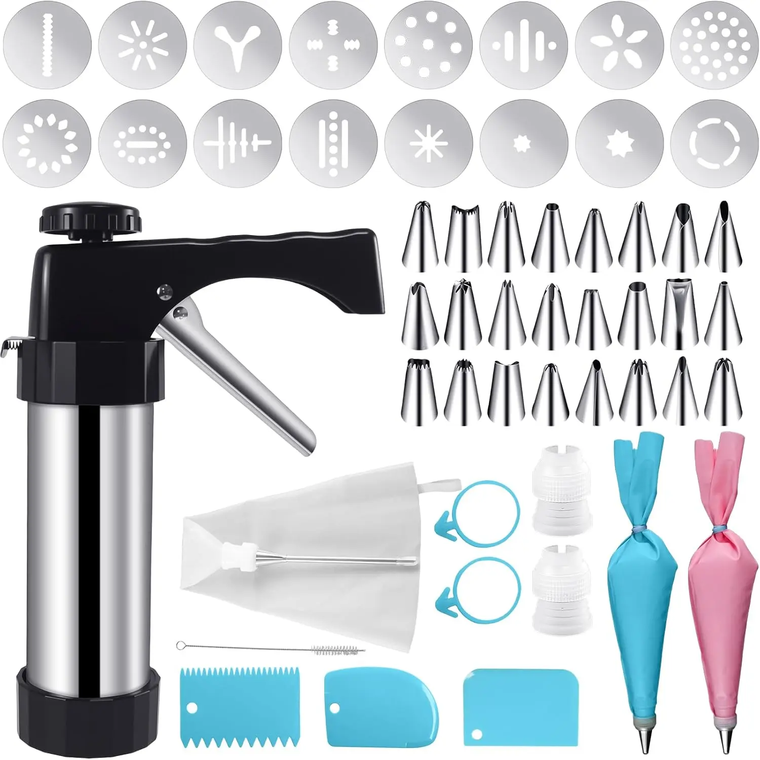 52 count Cookie Press  Kit,Stainless Steel Cookies Press Spritz | Cookie Press  for Baking with 16 Cookie Discs,Piping Tips,Piping Bags for DIY Christmas Cookies Maker Cake Decorating