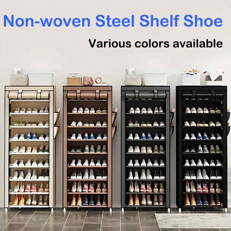 Non-Woven Shoe Rack Multi-Tier Steel Pipe Assembled Shoe Cabinet 12mm Calibre Steel Pipe with Dust Cover Multi-Purpose Organiser Display Shelf for Utility Room Storage Entryway Solution