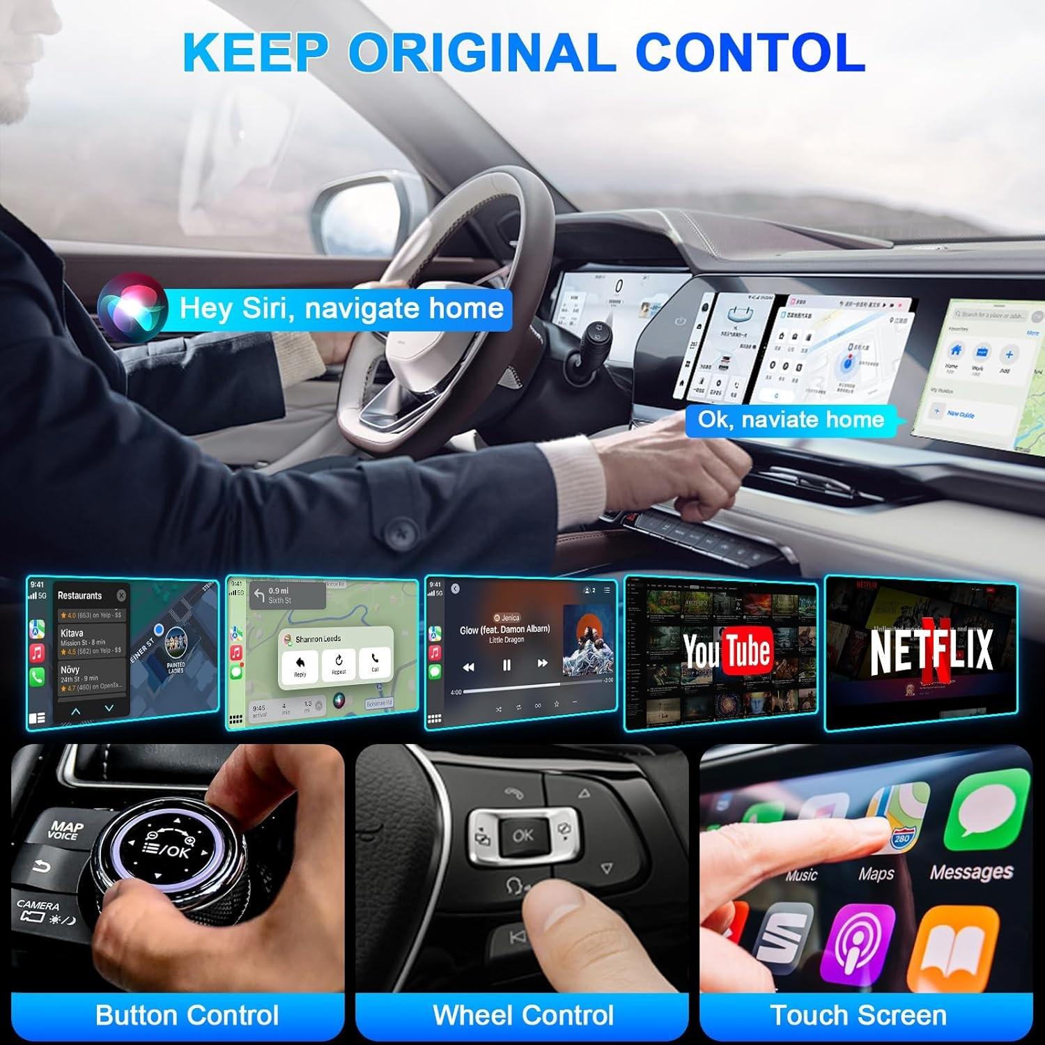 Wireless CarPlay adapter, compatible with iPhone and Android Auto, supports Netflix, AI box with TF card slot, plug-and-play with no installation required, easily set up in-car CarPlay video entertainment, Carplay Car Stereo