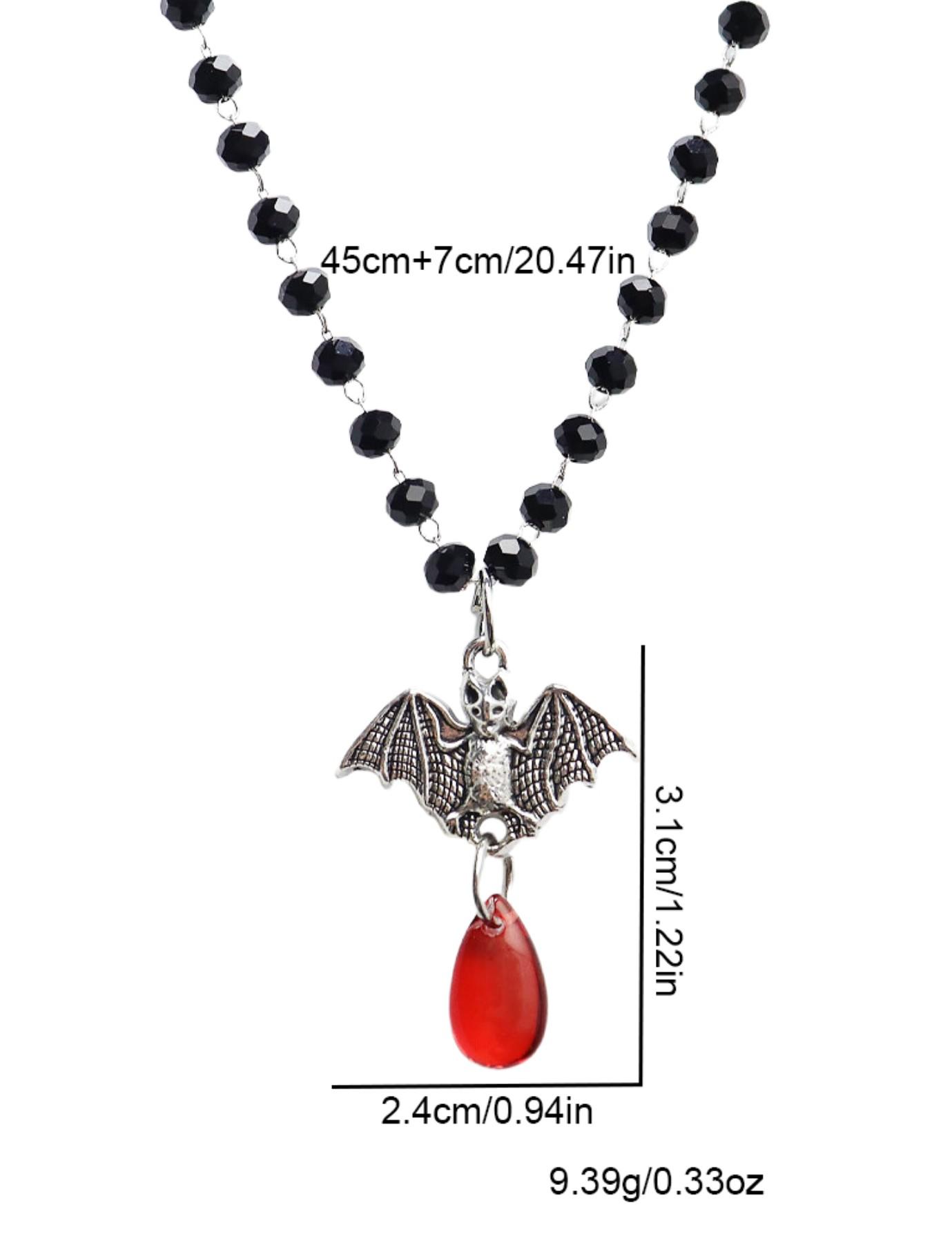 Gothic Bat Blood Drop Jewelry Set, Vintage Black Bead Chain Necklace Earrings, Punk Dark Aesthetic Halloween Jewelry