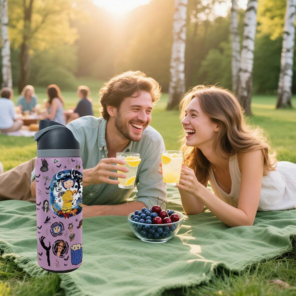 1pc 32oz Coraline Cartoon Insulated Water Bottle, Double‑Wall Stainless Steel Portable Travel Tumbler, Horror Animation Character Print, Flip Spout Lid, Leak‑Proof Reusable Cup, For Daily School Outdoor, Animation Fan Collectible Gift