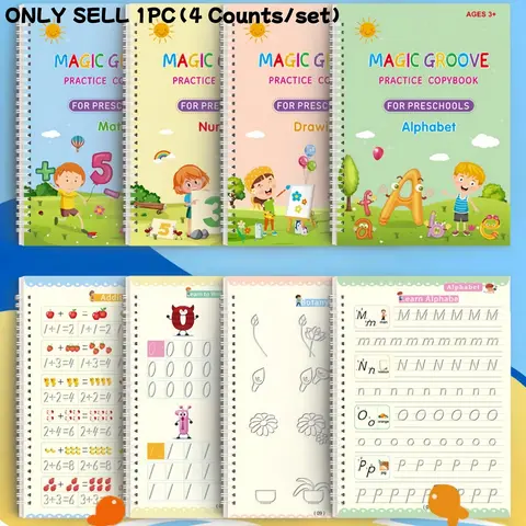 Magic Practice Scribe Book Set, 4 Reusable Number, Letter, Math And Drawing Tracing Books For Preschoolers, Including 1 Pen, 10 Refills And 1 Pencil Grip, Preschool Tracing Workbook, Kids School Supplies