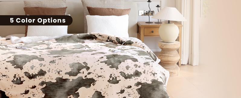 【Best Gift】Blunique Cow-Print Electric Heated Blanket 5 Heat Levels 4-Hour Auto-Off Machine Washable Cozy Household Automatic Shutdown Sherpa Flannel 50x60 Inches