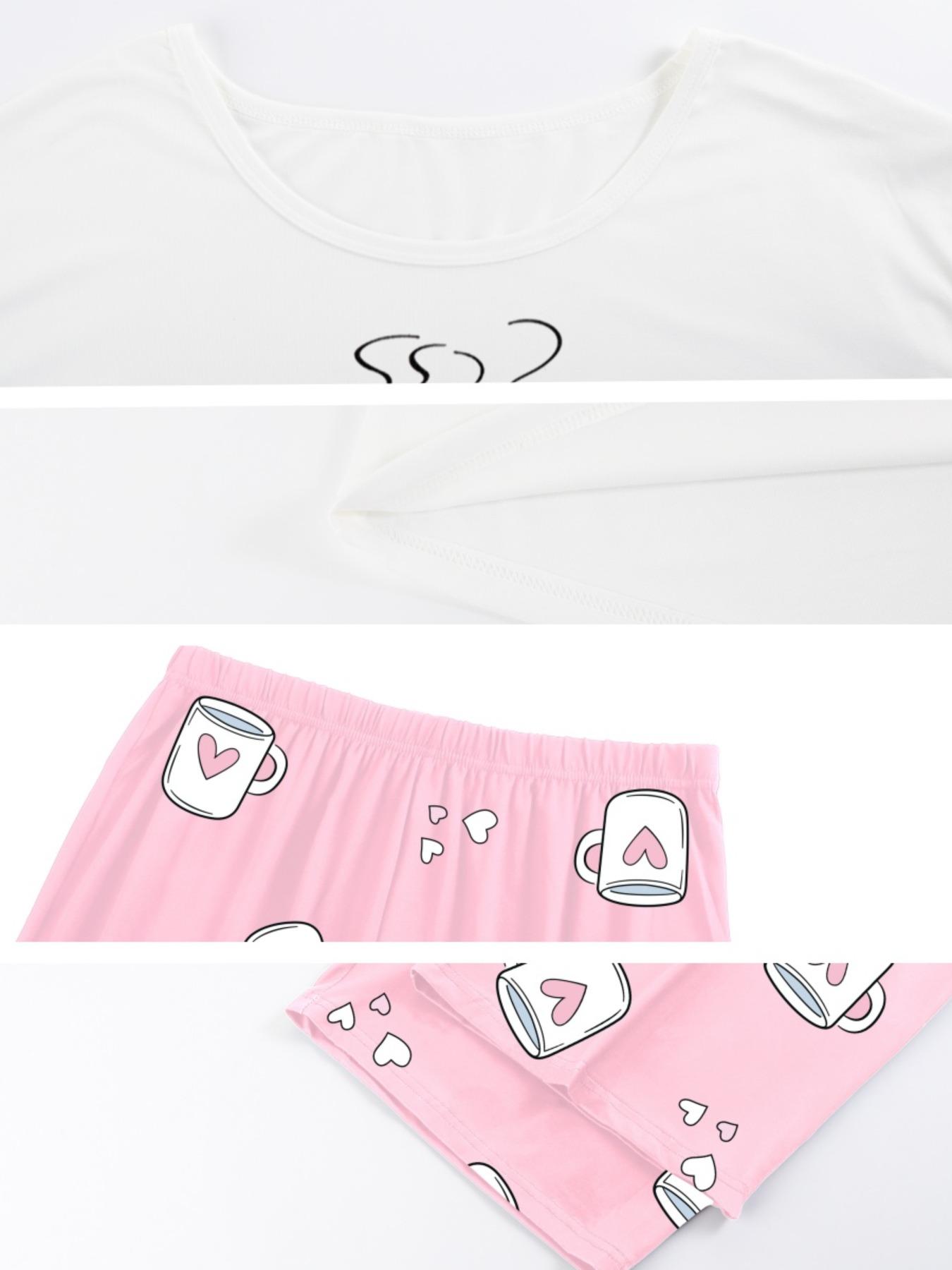 【Plus Size】 Two-piece Set Heart & Letter Print Tee & Pants Pajama, Casual Comfy Round Neck Long Sleeve T-shirt & Trousers Pajama Set, Women's Sleepwear for All Seasons