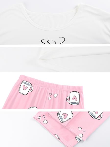 【Plus Size】 Two-piece Set Heart & Letter Print Tee & Pants Pajama, Casual Comfy Round Neck Long Sleeve T-shirt & Trousers Pajama Set, Women's Sleepwear for All Seasons