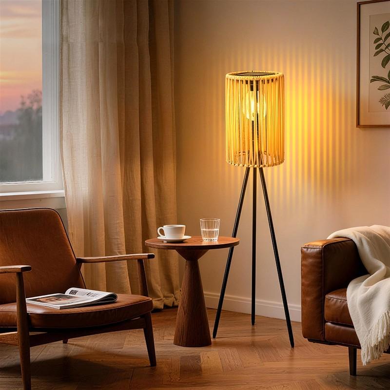 Solar-Powered Outdoor Floor Lamp Handcrafted Wicker Lantern Wrought Iron Tripod Lantern Housewarming Gift Rustic Indoor/Outdoor Decorative Lamp, These Woven Lamps Provide Decorative Lighting for Gardens, Yards, Patios, And Pathways.