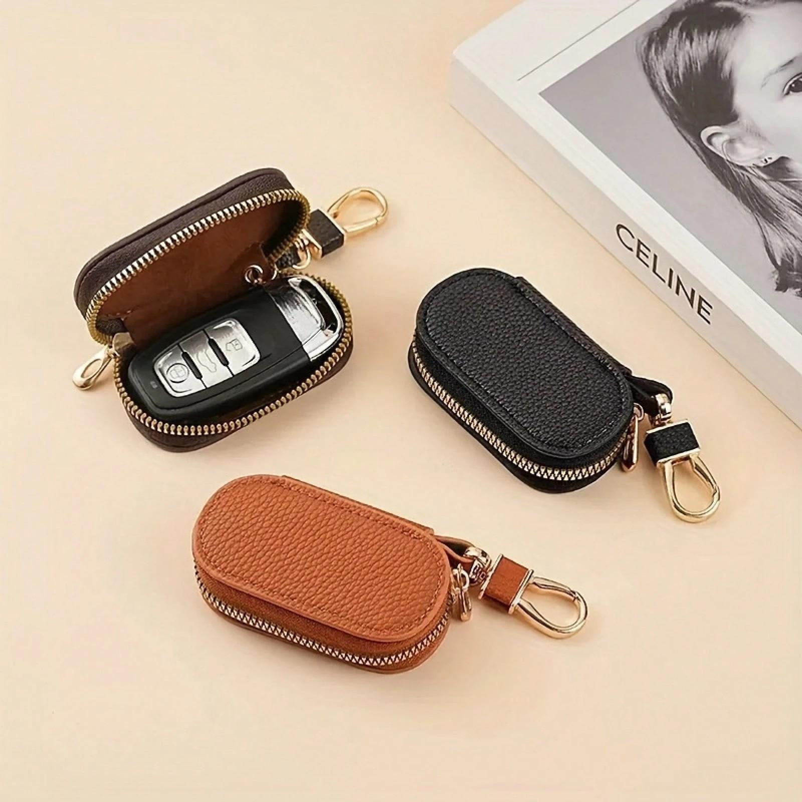 Women's Lychee Pattern Key Bag, Solid Color Design, Universal Fit, Large Capacity Storage, Ideal for Daily Use & Organizing Keys