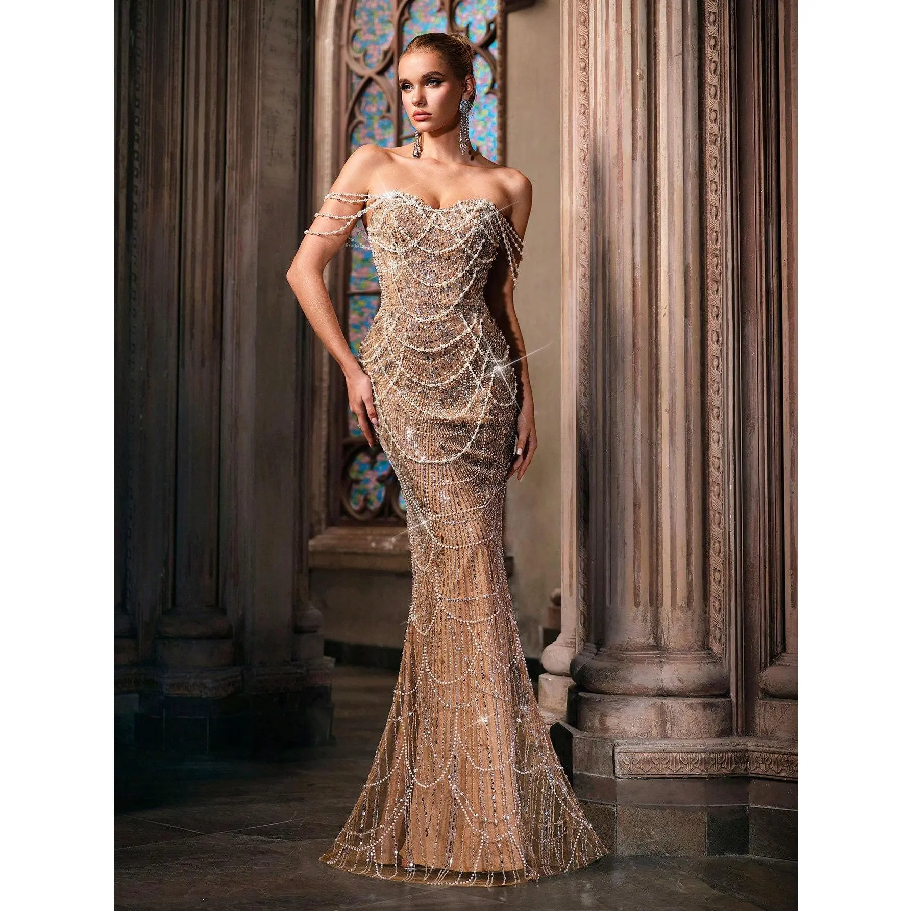 Women's Polyester Sweetheart Chain-Strap Pearl Sequin Mermaid Maxi Evening Gown - Floor-Length Formal Dress, Lace-Up Formal Wedding Guest Dress for Prom, Award Ceremonies