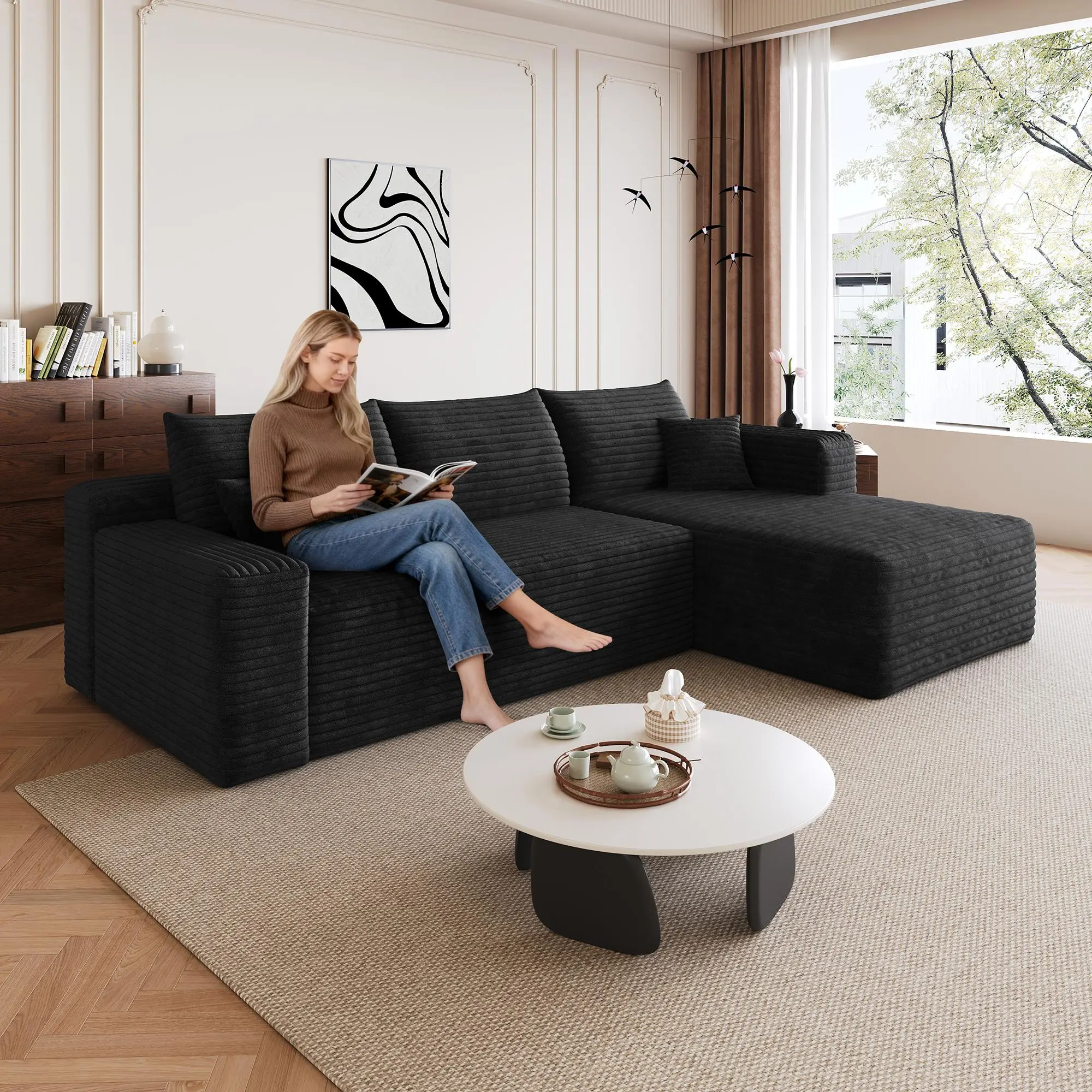 95 Inch Cloud Sectional Sofa, Modern Minimalist U Shaped Upholstered Couch with Deep Seat and Plush Corduroy Fabric for Living Room, Black, 3 Seat